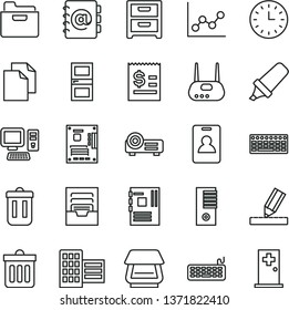 thin line vector icon set - clean paper vector, graph, archive, interroom door, city block, drawing, dust bin, folder, nightstand, address book, text highlighter, article on the dollar, wall watch
