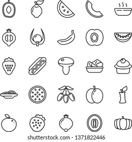 thin line vector icon set - Hot Dog vector, slices of onion, mushroom, muffin, porridge, lettuce in a plate, strawberry, strawberries, orange slice, apple, half apricot, quince, medlar, melon, water