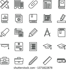 thin line vector icon set - briefcase vector, graphite pencil, yardstick, book, new abacus, e, portfolio, buildings, writing accessories, drawing, calculation, clip, scribed compasses, on statistics