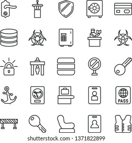 thin line vector icon set - prohibition vector, Baby chair, key, door knob, road fence, anchor, passport, strongbox, reverse side of a bank card, big data, encrypting, biohazard, airport tower, safe