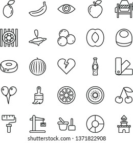 thin line vector icon set - paint roller vector, baby bib, toy sand set, small yule, colored air balloons, concrete mixer, color samples, wooden brush, broken heart, eye, cake with a hole, cherry