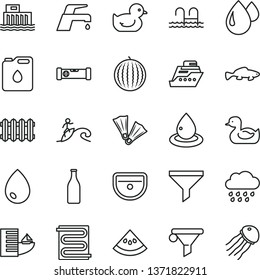 thin line vector icon set - rubber duck vector, baby duckling, rainy cloud, sink, construction level, heating coil, new radiator, faucet mixer, drop, small fish, water melon, slice of, canister oil