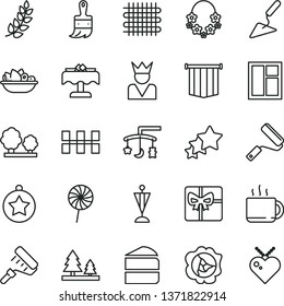 thin line vector icon set - toys over the cradle vector, building trowel, window, new roller, paint, wooden brush, ceramic tiles, piece of cake, a plate fruit, lollipop, cup tea, squash, trees, flag