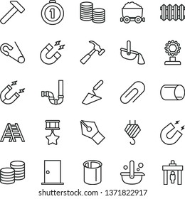thin line vector icon set - clip vector, open pin, hook, trowel, ladder, siphon, ntrance door, new radiator, hammer, with claw, coins, magnet, pipe, pipes, metallurgy, steel production, trolley coal