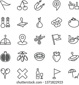 thin line vector icon set - wind direction indicator vector, cross, pennant, toy sand set, plastic fork spoons, yule, small, colored air balloons, flag, tomato, chili, popcorn, cherry, strawberry