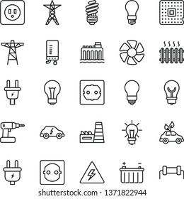 thin line vector icon set - danger of electricity vector, matte light bulb, cordless drill, saving, power socket type b, f, electronic boiler, battery, hydroelectricity, line, pole, plug, electric