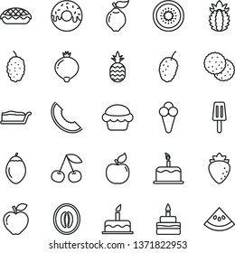 thin line vector icon set - cake vector, slice, birthday, glazed with a hole, apple pie, popsicle, cone, pineapple, biscuit, cherry, quince, apricot, red, raspberry, medlar, mulberry, tasty, half