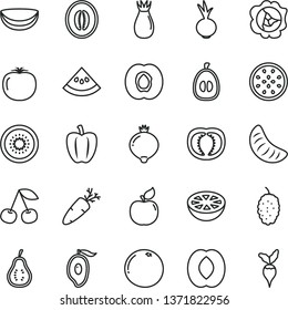thin line vector icon set - beet vector, carrot, cherry, half apricot, squash, rose hip, medlar, mulberry, of mango, peach, melon, slice tangerine, loquat, kiwi, passion fruit, piece coconut, water