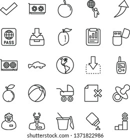 thin line vector icon set - check mark vector, dummy, baby powder, carriage, bath ball, toy mobile phone, children's sand set, passport, put in a box, delete page, move down, small fish, blueberry