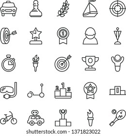 thin line vector icon set - stopwatch vector, motor vehicle present, Kick scooter, car, pedestal, racer, flame torch, winner, laurel branch, podium, prize, pawn, star reward, pennant, target, aim