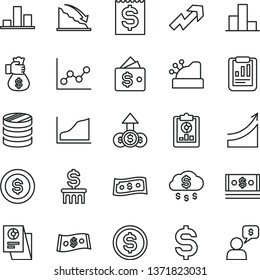 thin line vector icon set - growth up vector, bar chart, graph, column of coins, recession, statistical report, overview, denomination the dollar, financial item, cash, research, cashbox, rain, coin