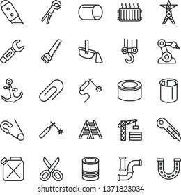 thin line vector icon set - scissors vector, clip, open pin, tower crane, winch hook, adjustable wrench, arm saw, ladder, knife, stationery, anchor, canned goods, tin, water pipes, power line, pipe