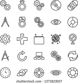 thin line vector icon set - prohibition vector, renewal, plus, clockwise, tumbler, cogwheel, eye, CD, plate, accumulator, gears, scribed compasses, scheme, ring diagram, wall watch, drawing compass