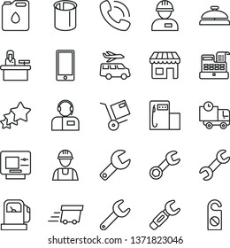 thin line vector icon set - repair key vector, builder, workman, smartphone, delivery, operator, shipment, gas station, modern, canister of oil, pipes, steel, kiosk, phone call, urgent cargo, atm