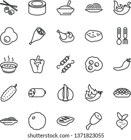 thin line vector icon set - iron fork spoons vector, sausage, canned goods, onion, slices of, apple pie, a bowl buckwheat porridge, in saucepan, chicken, thigh, grill leg, chop, meat on skewers, hot