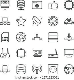 thin line vector icon set - power socket type f vector, star, thumb up, screen, big data, server, autopilot, satellite dish, SIM, scheme, hierarchical, cpu, pc card, router, network, browser, earth