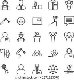 thin line vector icon set - image of thought vector, builder, employee, pass card, operator, folded shirt, welding, gas, man, in sight, conversation, scientist, winner, carrer stairway, hold world