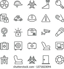 thin line vector icon set - warning vector, prohibition, Baby chair, car child seat, safety pin, open, bag of a paramedic, medical, ntrance door, construction helmet, key, strongbox, cardboard box