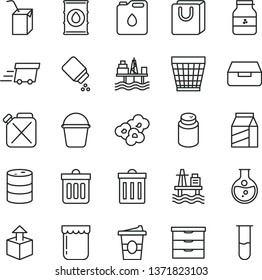 thin line vector icon set - wicker pot vector, bin, storage unit, powder, baby, packing of juice with a straw, bucket, dust, drawer, bag handles, package, unpacking, popcorn, coffe to go, jam, jar