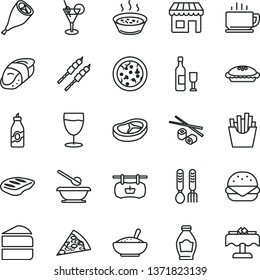 thin line vector icon set - plates and spoons vector, iron fork, coffee, pizza, piece of, big burger, cake, pie, a bowl rice porridge, in saucepan, grill chicken leg, bacon, chop, barbecue, sushi