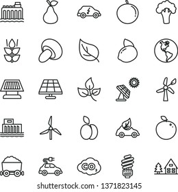 thin line vector icon set - saving light bulb vector, porcini, apple, pear, mint, tangerine, yellow lemon, delicious, broccoli, solar panel, big, leaves, leaf, windmill, wind energy, planet Earth