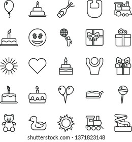 thin line vector icon set - bib vector, rubber duck, teddy bear, baby toy train, children's, colored air balloons, balloon, cake, birthday, heart, gift, slice, torte, Chupa Chups, giftbox, hands up