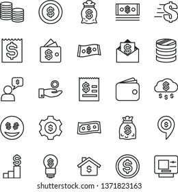 thin line vector icon set - dollar vector, coins, column of, article on the, financial item, catch a coin, wallet, dollars, cash, money rain, mortgage, pedestal, bag, gear, idea, eyes, mail, dialog