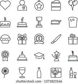 thin line vector icon set - tassel vector, colored air balloons, cake, birthday, heart, gift, square academic hat, Easter, piece of, slice, torte, lollipop, glass, bottle, giftbox, gold cup, star