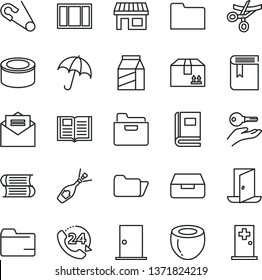 thin line vector icon set - folder vector, book, open pin, books, window frame, ntrance door, received letter, umbrella, drawer, cardboard box, 24, package, canned goods, half of coconut, stall