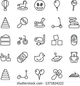 thin line vector icon set - beanbag vector, baby rattle, duckling, stacking rings, toy, roly poly doll, tumbler, sand set, small teddy bear, yule, rocking horse, cubes for children, balloon, jet ski