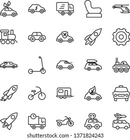 thin line vector icon set - truck lorry vector, Baby chair, motor vehicle, present, toy train, tricycle, child Kick scooter, car, delivery, eco, environmentally friendly transport, electric, retro