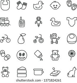 thin line vector icon set - baby powder vector, bib, Child T shirt, rubber duck, duckling, warm socks, toy mobile phone, children's potty, teddy bear, small, hairdo, train, yule, bicycle, tricycle