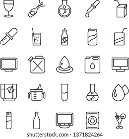 thin line vector icon set - measuring cup for feeding vector, e, packing of juice with a straw, screen, glass soda, tea, can, liquor, round flask, oil, canister, drop, bottle, monitor, test tube
