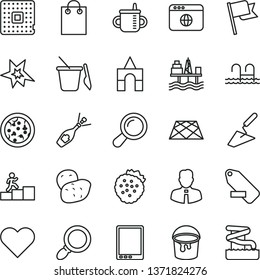 thin line vector icon set - remove label vector, mug for feeding, children's sand set, box of bricks, trowel, paint bucket, pavement, employee, heart, flag, pizza, strawberries, potato, processor
