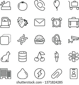 thin line vector icon set - clip vector, alarm clock, silent mode, balloon, buildings, case, copy, burger, cherry, branch of grape, fig, persimmon, marine propeller, gas station, barrel, phone call