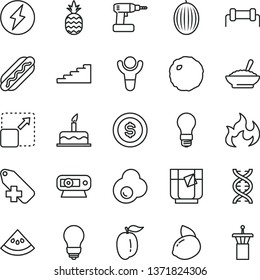 thin line vector icon set - add label vector, cake, cordless drill, bulb, expand picture, Hot Dog, a bowl of buckwheat porridge, cabbage, glass tea, fried egg, pineapple, melon, ripe plum, light