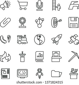 thin line vector icon set - desktop microphone vector, children's train, faucet mixer, clip, planet Earth, cart, loudspeaker, book on statistics, motherboard, usb, folder, floppy, coding, satellite