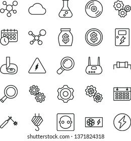 thin line vector icon set - hook vector, cogwheel, dangers, CD, power socket, gears, welding, dollar, money, wall calendar, pc supply, router, magnifier, schedule clock, cloud, flask, molecule, zoom