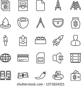 thin line vector icon set - bank card vector, archive, upload data, chest of drawers, ladder, sink, building block, no sound, half coconut, red pepper, drop oil, SIM, Measuring compasses, woman