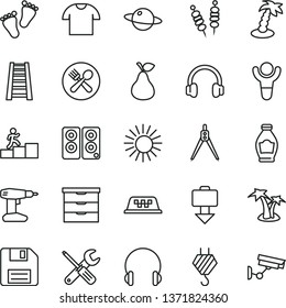 thin line vector icon set - floppy disk vector, storage unit, footprints, hook, small tools, drill, stepladder, headphones, T shirt, planet, fried vegetables on sticks, pear, bottle, pc speaker, sun