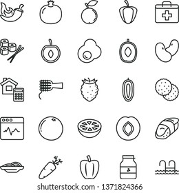 thin line vector icon set - first aid kit vector, estimate, cardiogram, slices of onion, noodles, chili, carrot, sushi set, fried egg, jar jam, biscuit, pomegranate, plum, tasty raspberry, blueberry