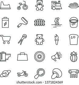 thin line vector icon set - camera roll vector, potty chair, teddy bear, small, children's train, child bicycle, adjustable wrench, paint bucket, new roller, fence, Easter cake, onion, porcini, horn