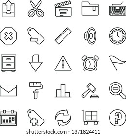 thin line vector icon set - paint roller vector, warning, scissors, calendar, envelope, mark of injury, clock face, alarm, downward direction, yardstick, cargo trolley, hammer a judge, keyboard