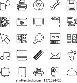 thin line vector icon set - floppy disk vector, computer, tablet pc, radiator fan, power supply, cpu, memory, monitor, usb, cd, printer, flash, speaker, browser, magnifier, note, sd card, big data