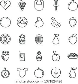thin line vector icon set - bib vector, Child T shirt, broken heart, glazed cake with a hole, apple pie, glass of soda, popsicle, pineapple, pear, pomegranate, large grape, red, tasty, raspberry