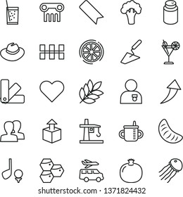 thin line vector icon set - bookmark vector, women, hat, mug for feeding, powder, trowel, color samples, ceramic tiles, heart, unpacking, a glass of soda, cocktail, honeycombs, pomegranate, lemon