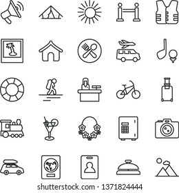 thin line vector icon set - train vector, car baggage, bike, backpacker, rope barrier, identity card, rolling suitcase, passport, boungalow, tent, sun, hawaii wreath, cocktail, cafe, camera, photo