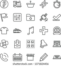 thin line vector icon set - bell vector, laptop, plus, download archive data, upload folder, question, music, flag, regulator, T shirt, phone call, size, fan screw, cloth industry, pan, pencil, dna