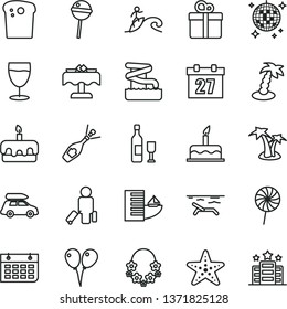 thin line vector icon set - daily calendar vector, colored air balloons, cake, gift, Easter, torte, Chupa Chups, lollipop, glass, wall, wine, champagne, car baggage, passenger, hotel, beach, surfing