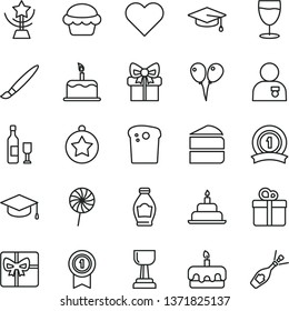 thin line vector icon set - tassel vector, colored air balloons, birthday cake, heart, gift, square academic hat, Easter, piece of, torte, lollipop, glass, bottle, giftbox, gold cup, star, graduate